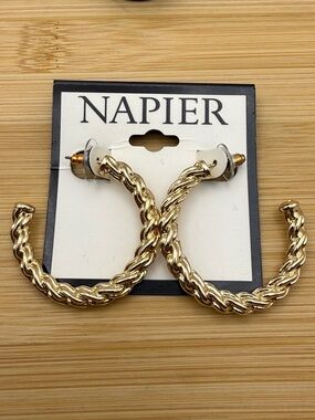NWT Napier Gold Tone Braided C-Hoop Post Earrings